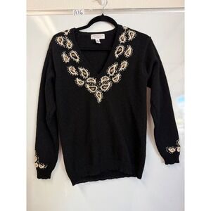 Cambridge Spirit Black Shetland Wool women's Paisley Beaded V-Neck Sweater Small